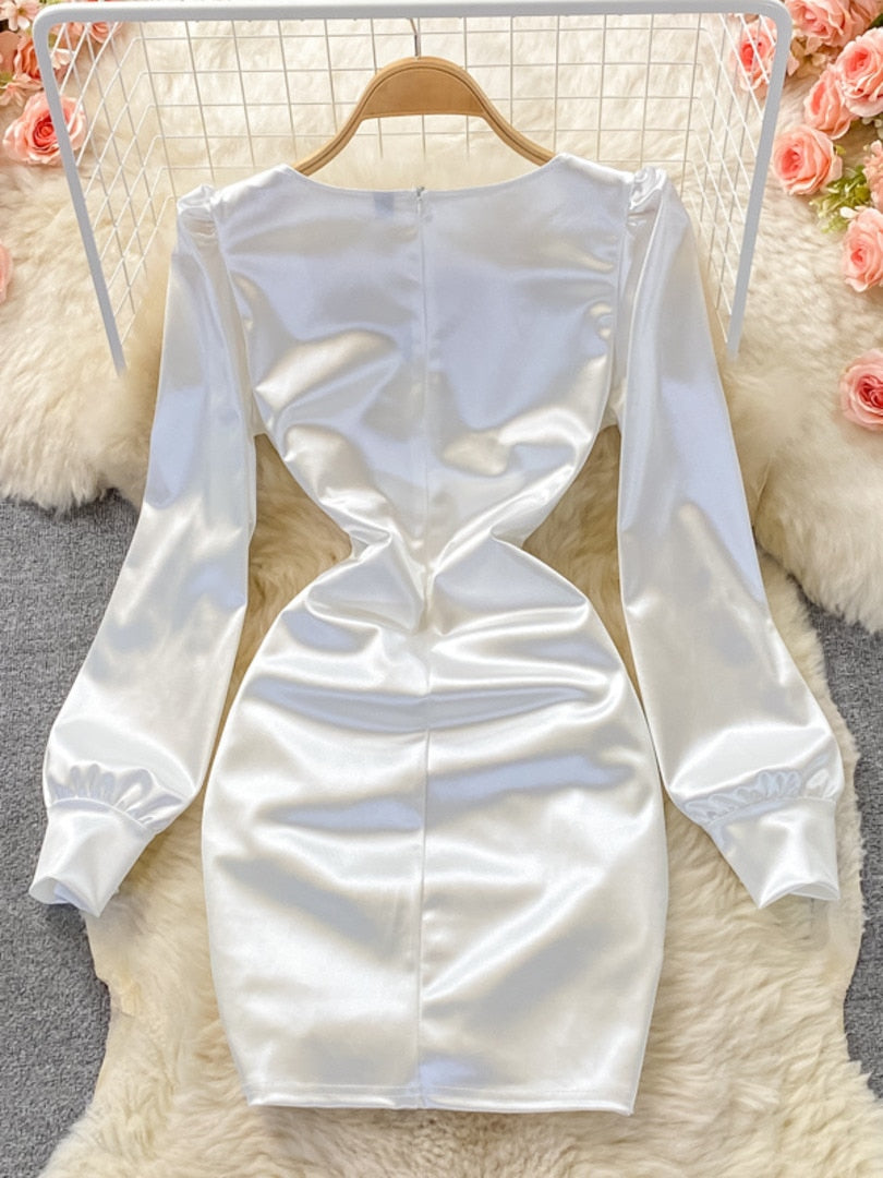 maoxiangshop Autumn New Celebrity Sexy Square Neck Satin Dresses Long Sleeve Women White Hip Wrap Slim Pleated Mini Short Dress