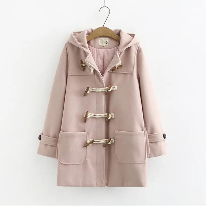maoxiangshop Double Row Horn Buckle Coat Hooded Women Autumn Clothing Winter Casual Solid Thicken Button Jacket College Style