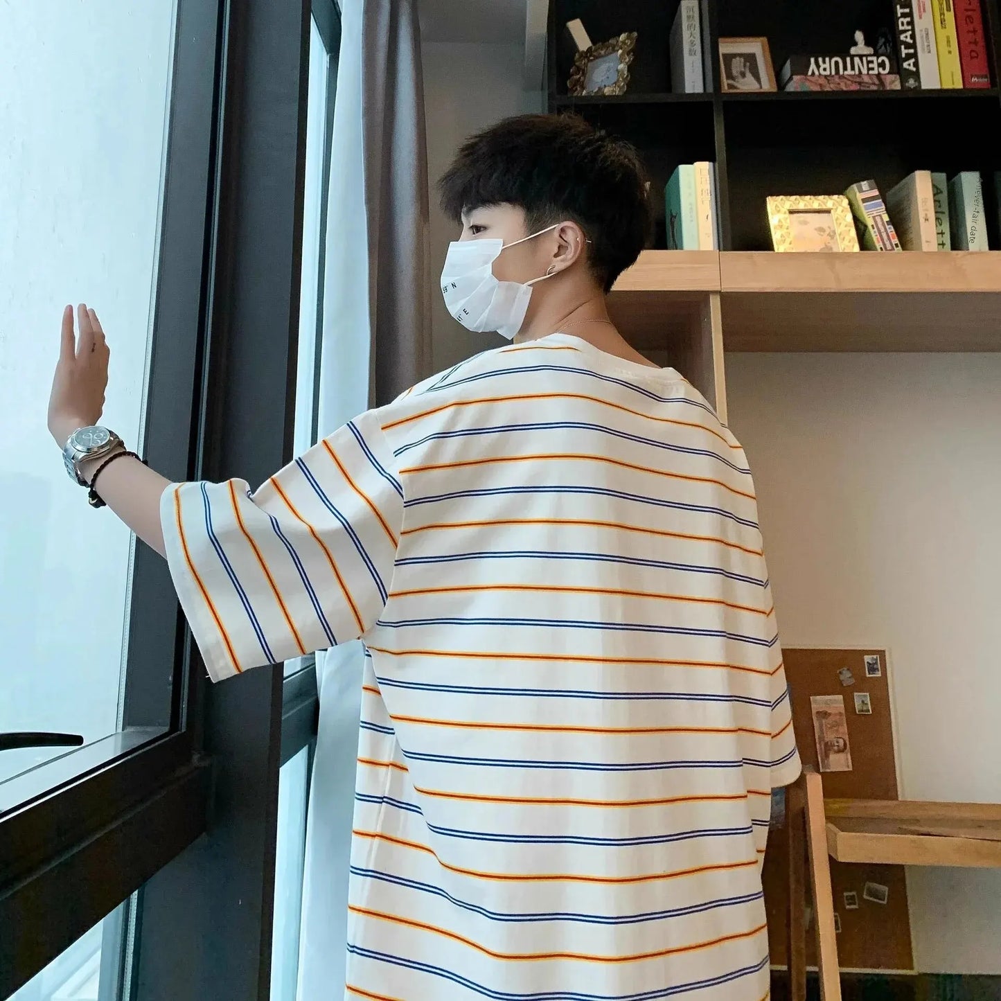 maoxiangshop 100% Cotton Short Sleeve T-shirt Men Trendy Summer Hong Kong Style Striped Five-point Half Sleeve Student Leisure Versatile