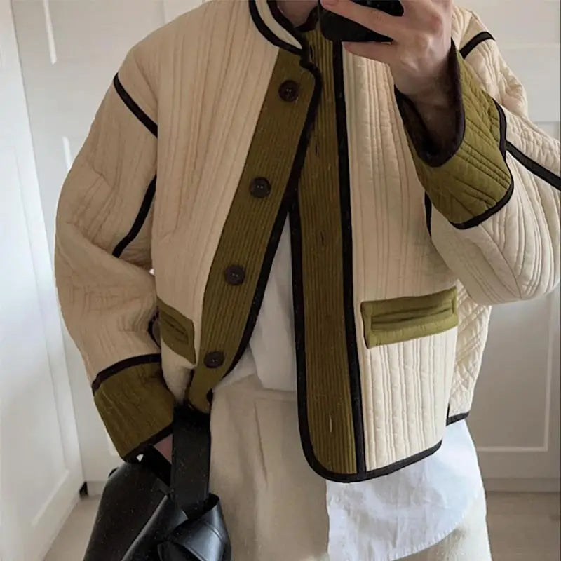 maoxiangshop - 2024 Women Chic Contrast Patchwork Cotton Jacket Elegant Stand Collar Single Breasted Pockets Coat Fall Winter Lady Chic Outwear