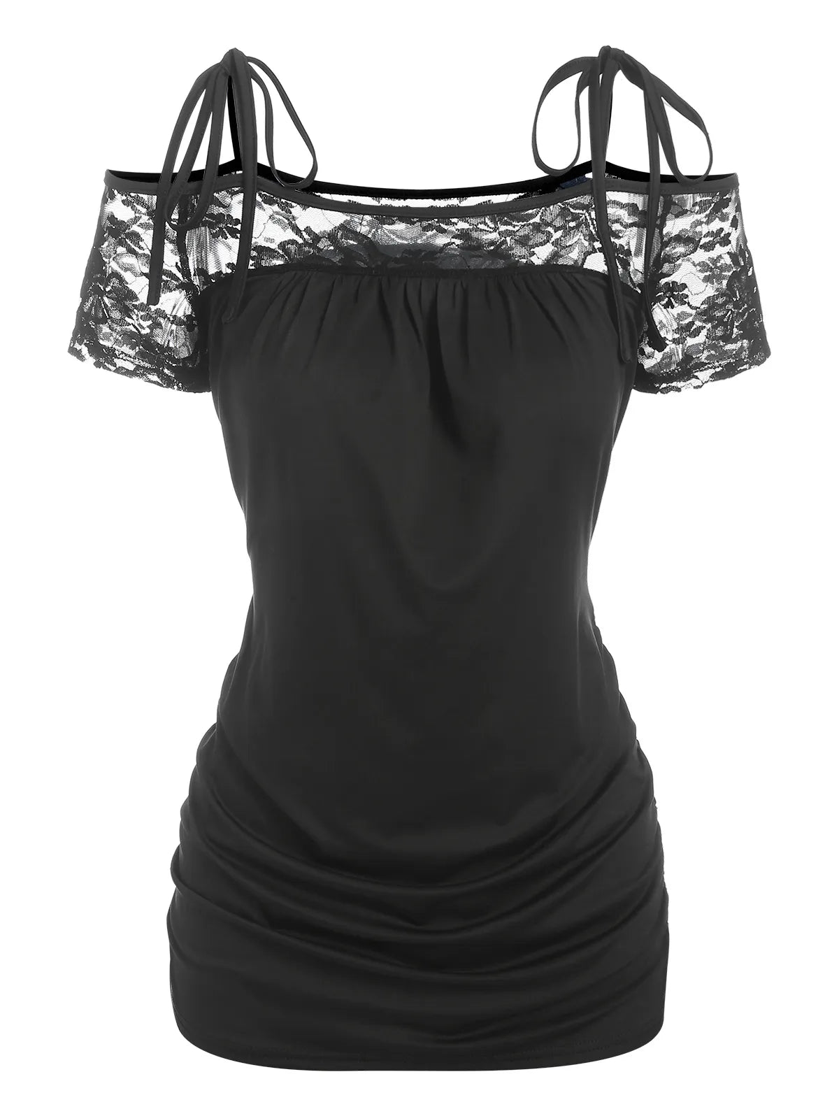 maoxiangshop Cold Shoulder Lace Panel Tied Tee Short Sleeve Open Shoulder Tie T-Shirts For Women Summer Black Tops Shirt Club Blusas
