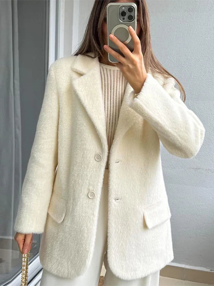 maoxiangshop - Fashion Plush Solid Color Women's Coat Turndown Collar Single Breasted Casual Loose Coats Winter Warm Windproof Women Outerwears