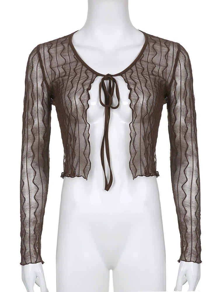maoxiangshop - Brown Cardigan Shirts Women Long Sleeves Harajuku Fashion Tops Fron Lace-up Cute Tops Y2K Fairycore Retro Women's Shirts