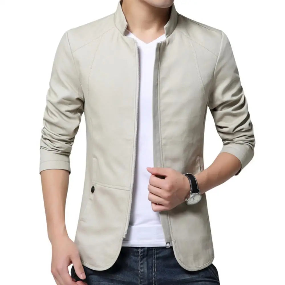 maoxiangshop Casual Men Blazer Spring Autumn Stylish Business Casual Jacket Solid Color Stand Collar Zipper Pockets Thin Slim Blazer Coat