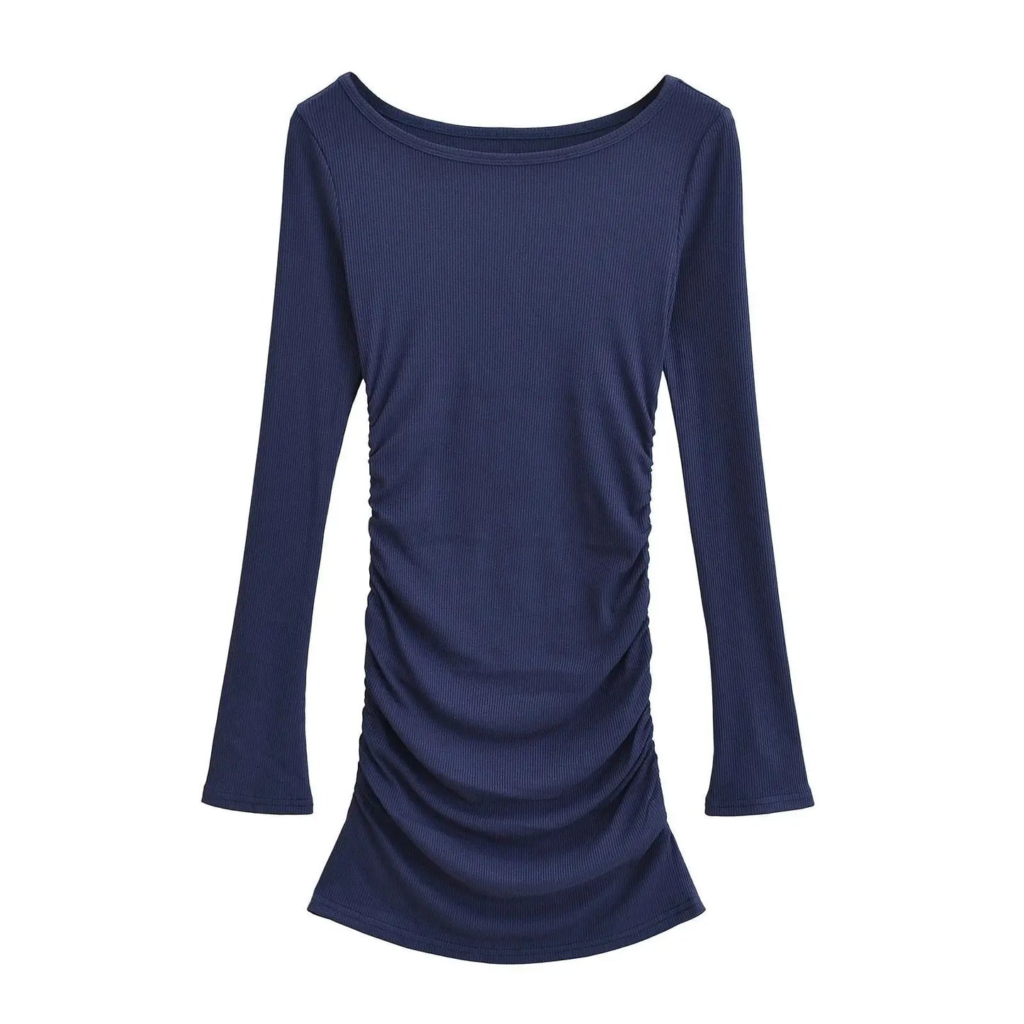 maoxiangshop - Autumn/winter New Round Neck Long Sleeve Dress Women Cinching Waist Wrap Hip Solid Slim Pleated Knitted Short Dress