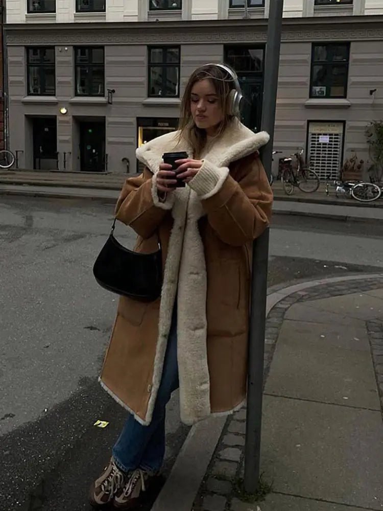 maoxiangshop - Fur Lined And Suede Integrated Long Coat Women Turn-down Collar Loose Pocket Trendy Single Breasted Outwear 2024 Winter Chic Top