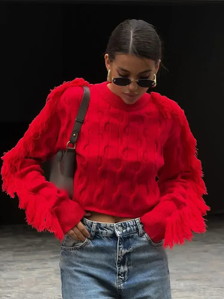 maoxiangshop - Luxury Red O-neck Knitted Pullover Women Chic Tassels Spliced Long Sleeves Cropped Sweater 2024 Autumn Lady Street Knitwear 