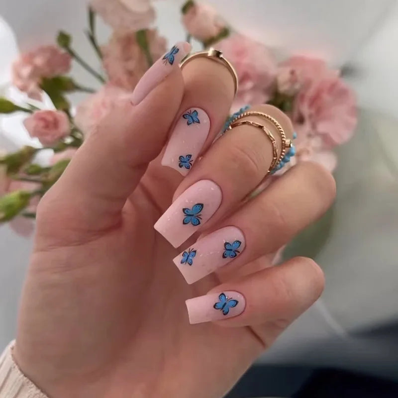 maoxiangshop 24Pcs Long Square Head False Nails with Gold Foil Design Wearable Black French Fake Nail Glitter Coffin Full Cover Press on Nail
