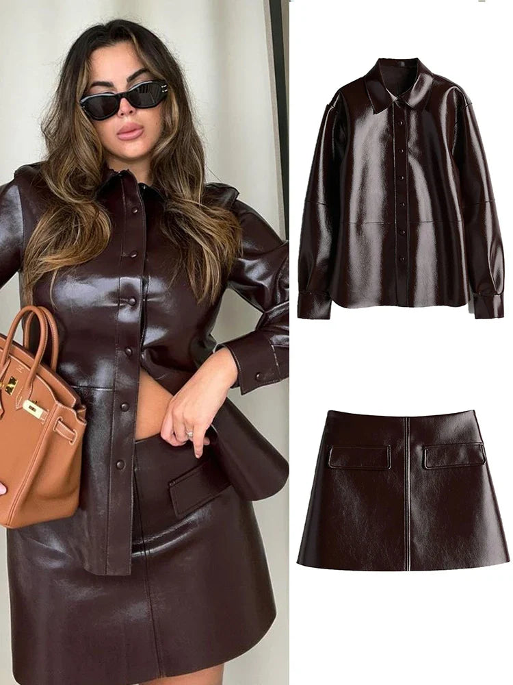 maoxiangshop - Fashion Leather Jacket Skirt Suit Women Lapel Button PU Coat Mini Skirts 2 Pieces 2024 Lady Autumn Street New in Matching Sets