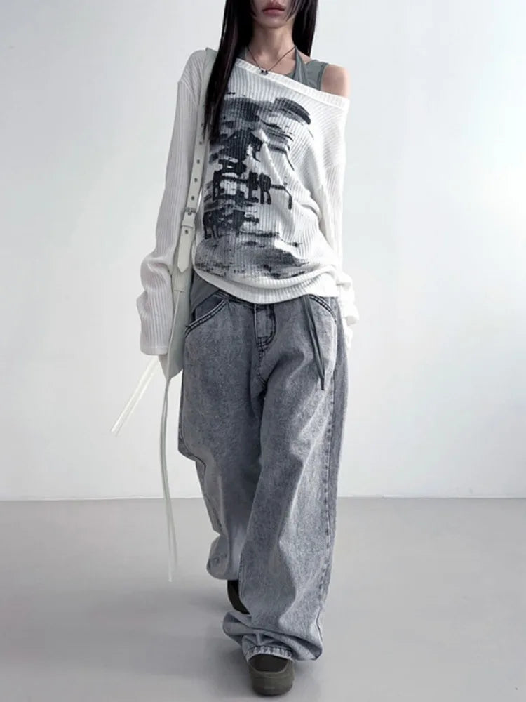 maoxiangshop - Autumn Harajuku Women Printing Tees Vintage Streetwear Grunge Skew Collar Tops Y2k Aesthetic Loose Casual Hiphop Vintage Tops