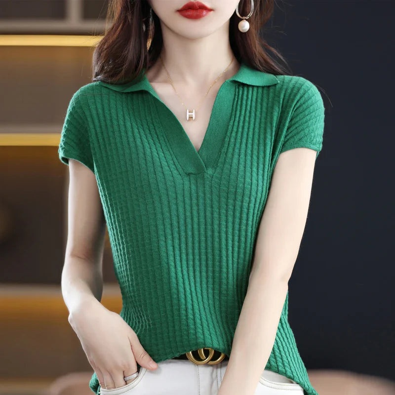 maoxiangshop Spring and Summer New Cashmere Sweater Polo collar Women's Short sleev Knitted Sweater Loose Thin Pullover Short-Sleeved
