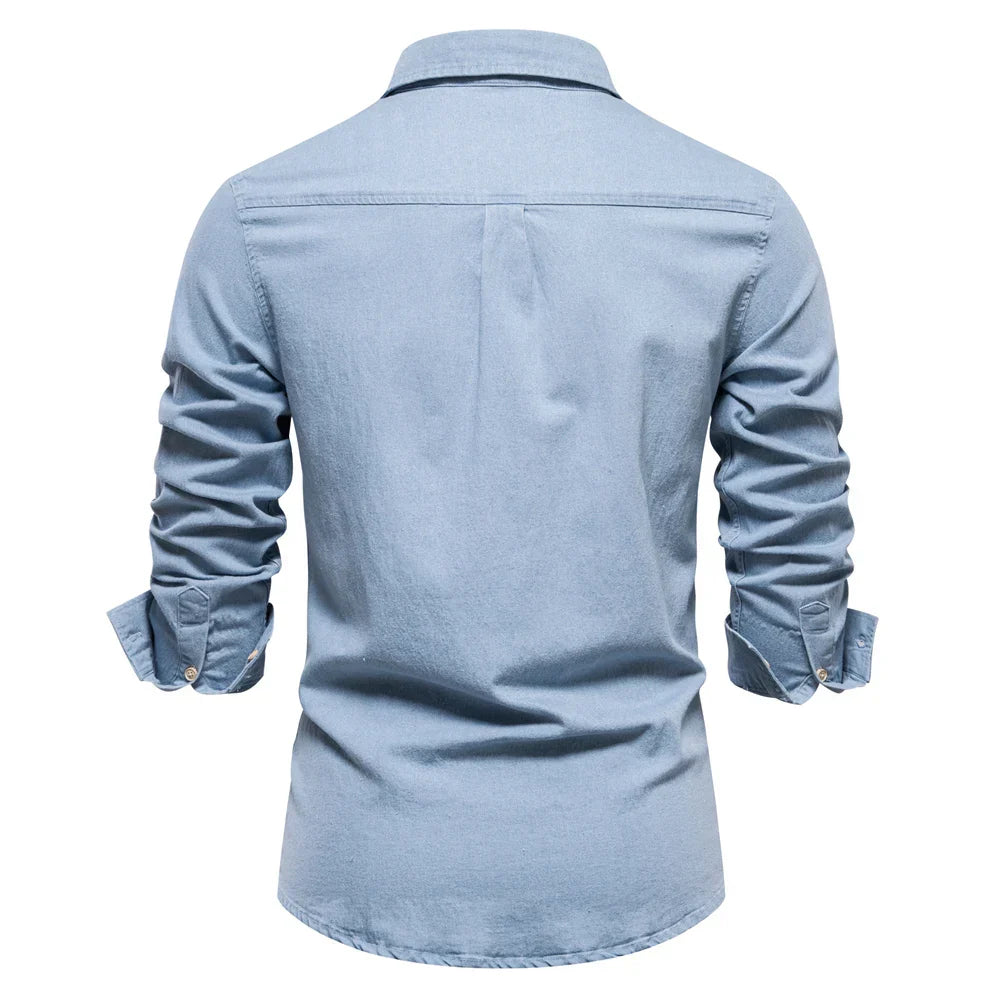 maoxiangshop Autumn New Cotton Men's Denim Shirt Solid Color Single Pocket Casual Long Sleeve Shirt Autumn Jeans Shirt for Men