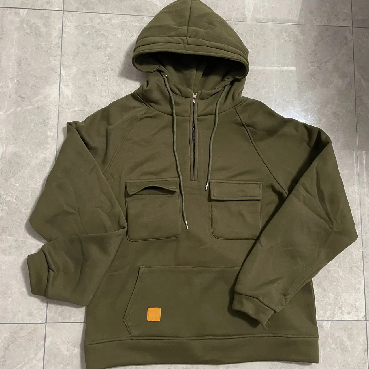 maoxiangshop Half Zipper Men's Hoodies Solid Warm Fleece Sweatshirts Multi Pockets Male Hooded Jackets Thick Outdoor Polar