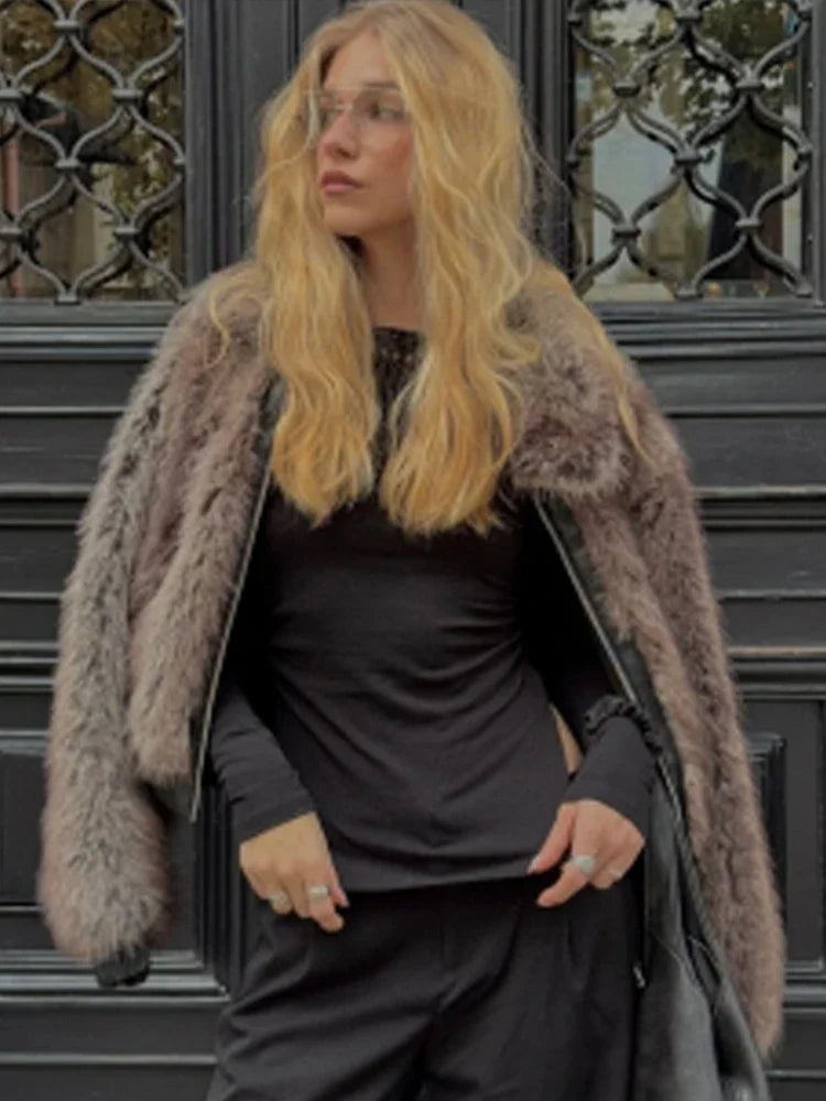 maoxiangshop - Elegant Faux Fur Zipper Coat Women Thicken Solid Full Sleeve Short Jacket Female 2024 Autumn Winter Fashion Slim Coat Lady