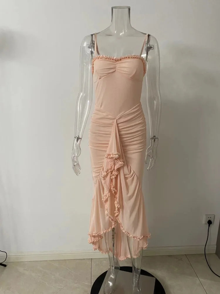 Women Elegant Irregular Ruffles Hem Pleated Sling Maxi Dress Sexy Sleeveless Backless Slim Robes Lady Evening Party Dresses