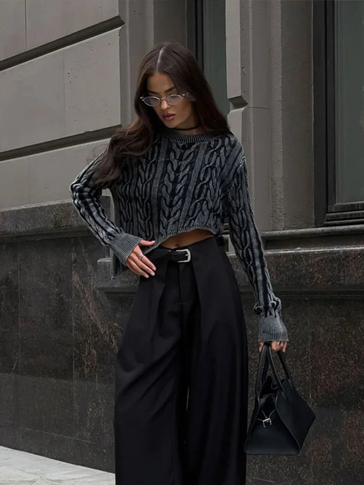 maoxiangshop - Fashion Cable Solid Irregular Hem Cropped Knitted Pullovers Women O-neck Long Sleeved Sweaters 2024 Autumn Female Warm Jumpers