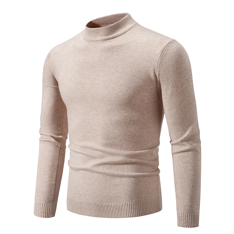 maoxiangshop Autumn New Sweater Men's Half High Neck Basic Solid Color Casual Versatile Round Neck Knit with Slim Fit Elastic Sweater Inside