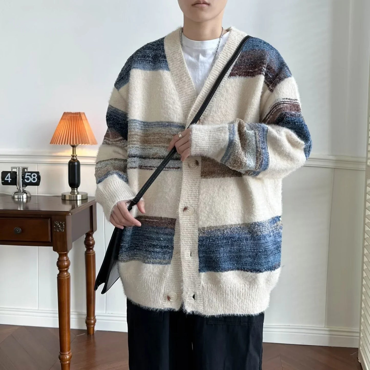 maoxiangshop Striped Cardigan Men Chic Baggy Slouchy V-neck Japanese Style Harajuku Vintage High Street Knitting Sweaters All-match Autumn