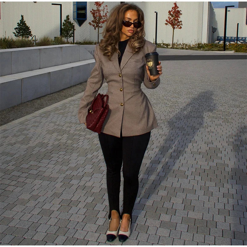 maoxiangshop - Plaid Coat Women Belt Autumn Winter Slim Lapel Buttons Pockets Outerwear Female Long Sleeve Vintage Jacket Lady High Street Chic