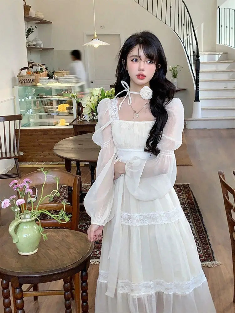 maoxiangshop - Autumn Long Sleeve Elegant Lace Dress Woman French Style Fashion Midi Dress Casual Party Slim One Piece Dress Korean Chic