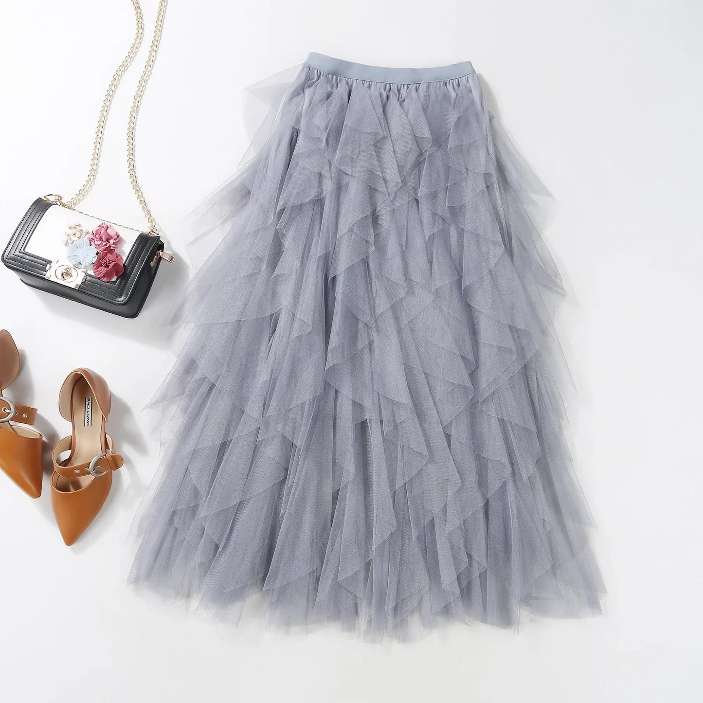 maoxiangshop Tutu Tulle Midi Skirt Women Elegant Fashion High Waist Irregular Pleated Mesh Long Skirt Spring Summer Party Female