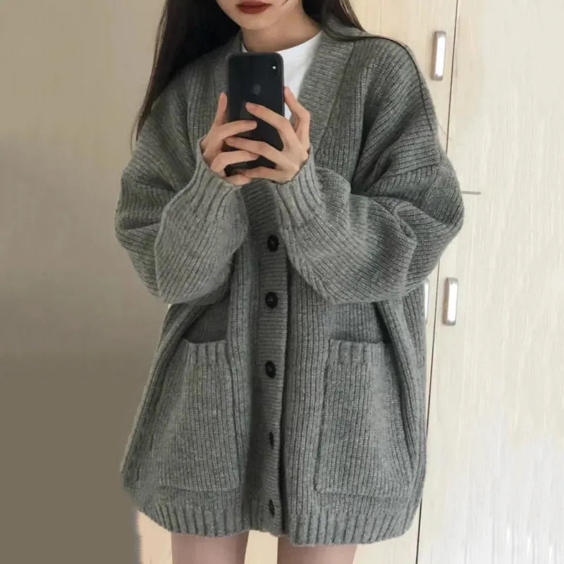 maoxiangshop Women's Sweaters Button Up V-neck Front Pocket Soft Wool Knitted Cardigan Chic Korean Fashion Outfit Autumn Winter