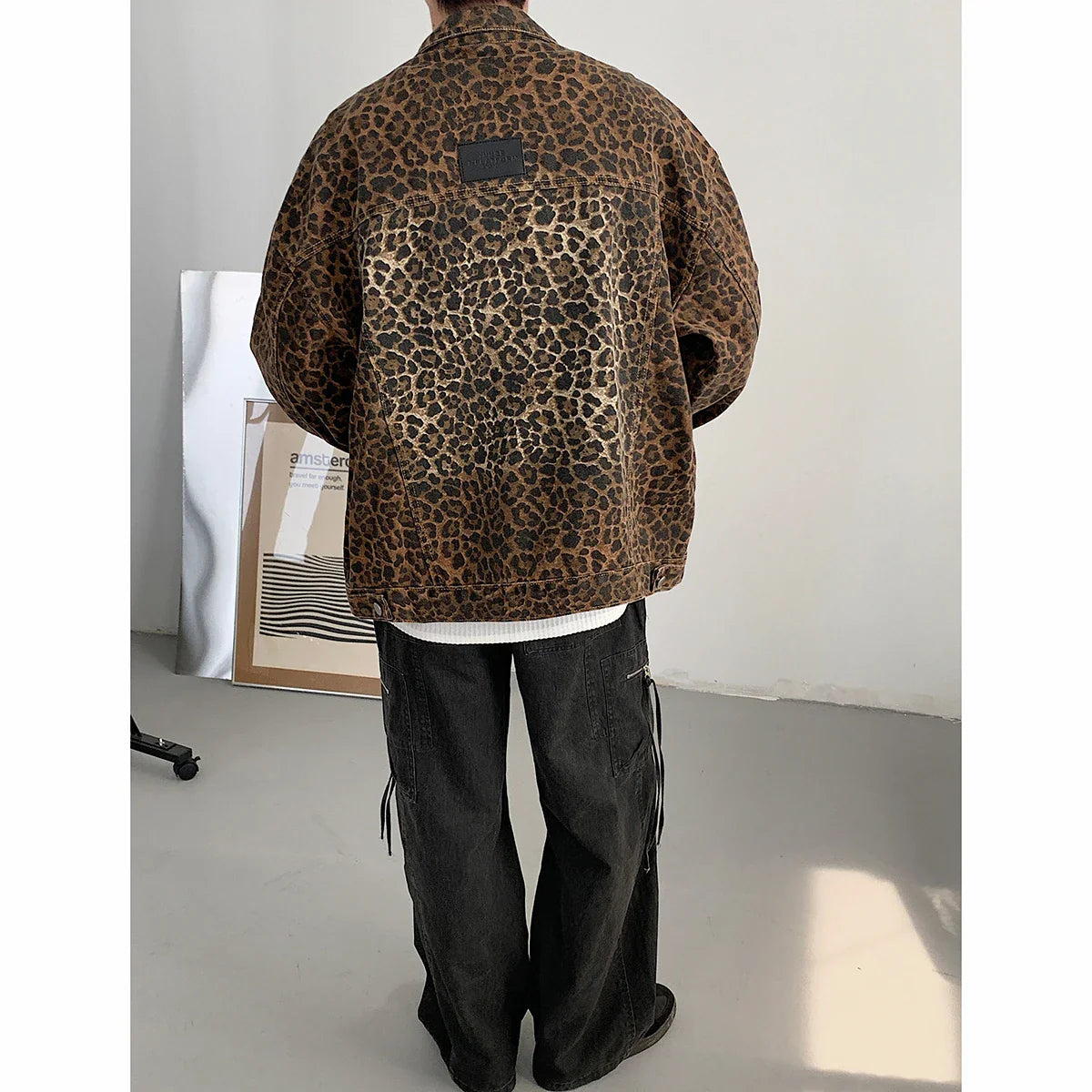 maoxiangshop Hip Hop Men's Vintage Leopard Print Denim Jackets Autumn Fashion Lapel Collar Zipper Jacket Coat Holiday Jackets Streetwear