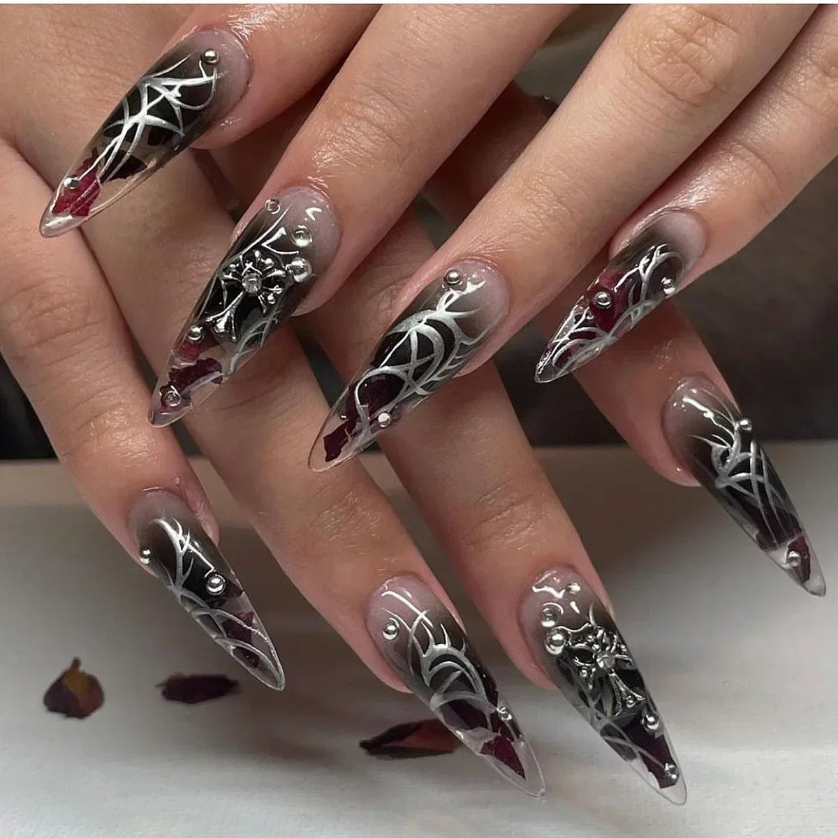 maoxiangshop 24Pcs False Nails With Glue Almond Pink Butterfly Design Detachable Rhinestones Acrylic Fake Nails long stiletto Press On Nails
