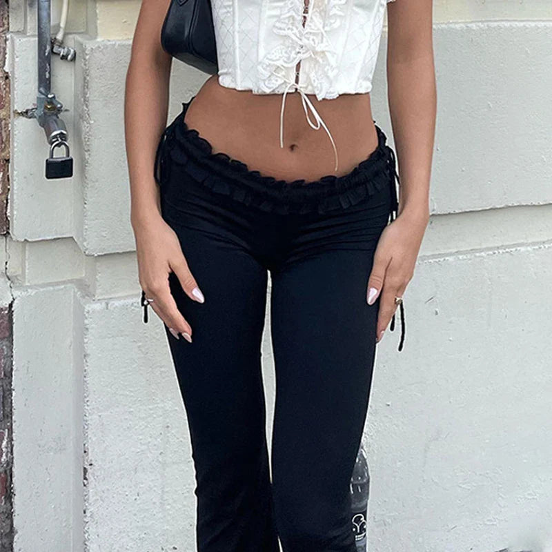 maoxiangshop Y2k Ruffles Low Waist Sexy Women Pants Gothic Skinny Fashion Boot Cut Trousers Grunge Female Skinny Streetwear Autumn