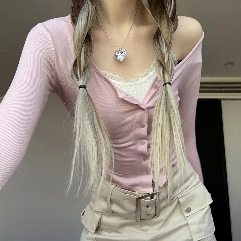 Sweet Lace Crop Top Knitted Lace Up Ruffles Y2K T Shirt Cute Fairycore Full Sleeve Tee Korean Chic T-Shirts 2000s Streetwear
