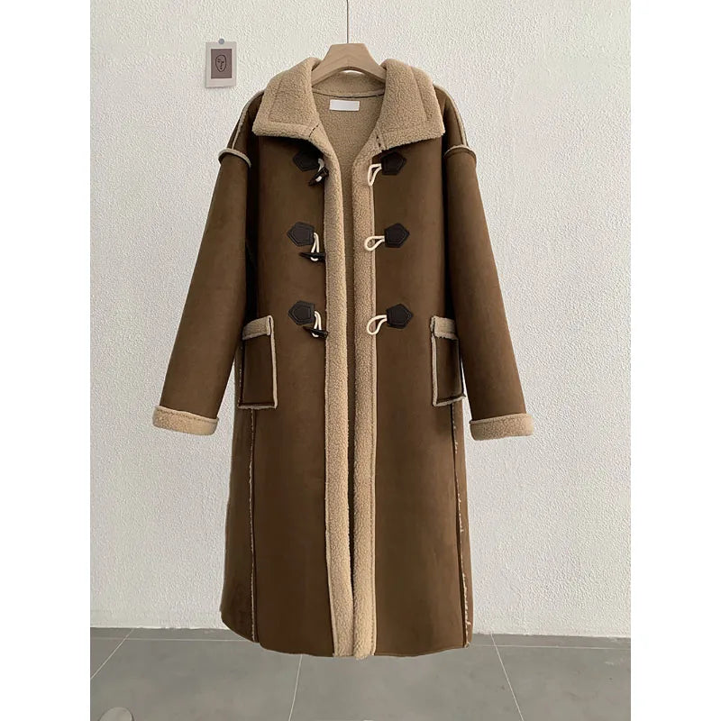 maoxiangshop - Korean Winter Fashion Suede Lamb Wool Splice Coat Fashion American Retro Coat High-End Long Single-Breasted Thicken Warm Coat