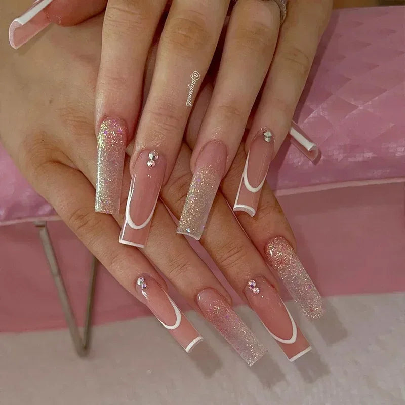 maoxiangshop 24Pcs Coffin False Nails Purple Butterfly Designs Fake Nails with Shiny Rhinestone Wearable French Full Cover Press on Nails