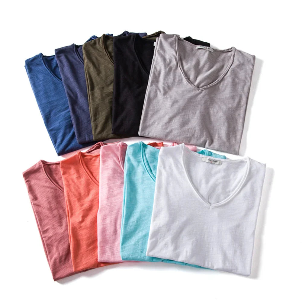 maoxiangshop Men T-shirt V-neck Fashion Design Slim Fit Soild T-shirts Male Tops Tees Short Sleeve T Shirt For Men