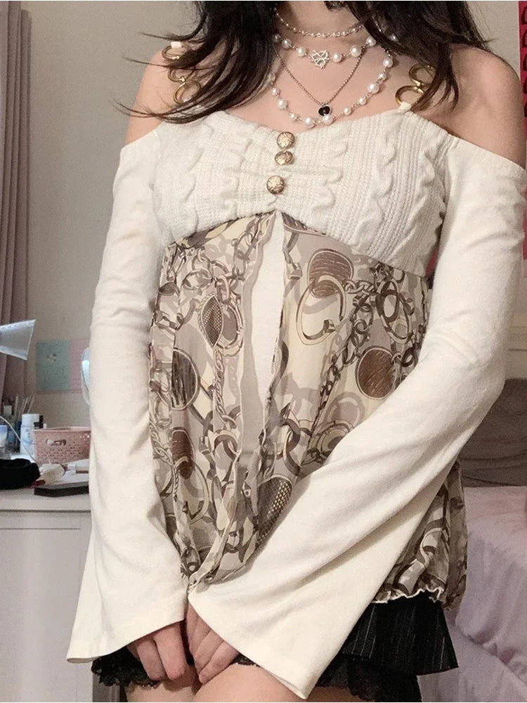 maoxiangshop Top Y2K Lolita Tops Off Shoulder Cyber Lace Top Exposure Simple Clothes 2024 Off White Women Gyaru Long Sleeve Clothes for Women
