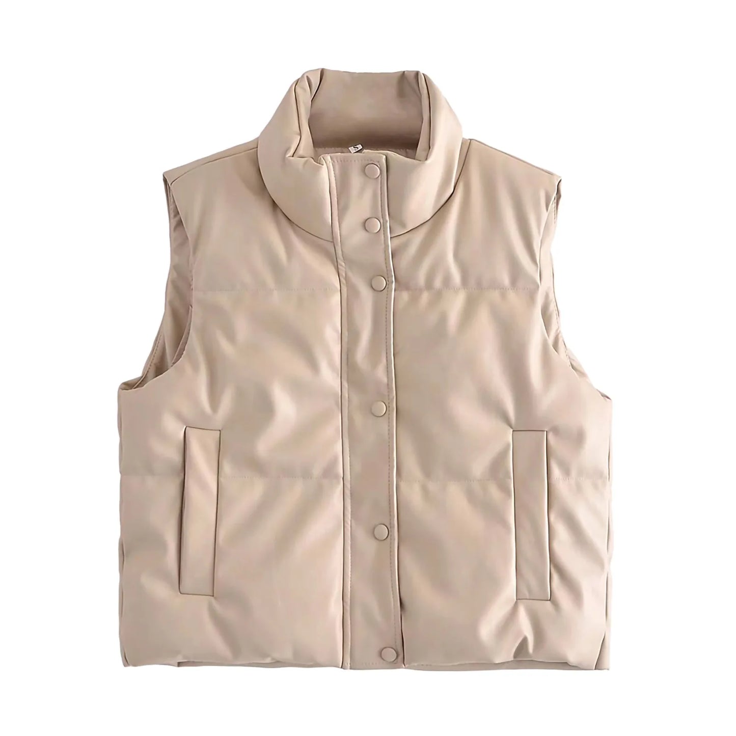 Zip-Up winter vest for women Black Coat Mock-Neck Tops Winter Casual Black Stand Collar PU Leather Coats Female Ladies