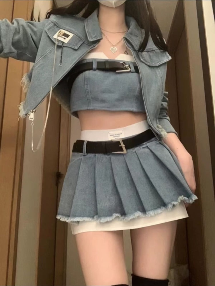 maoxiangshopHikigawa Chic Fashion Women Streetwear Y2k Denim Jackets+Sexy Strapless Tube Tank Top+HIgh Waist Pleated Mini Skirts 3 Set Mujer