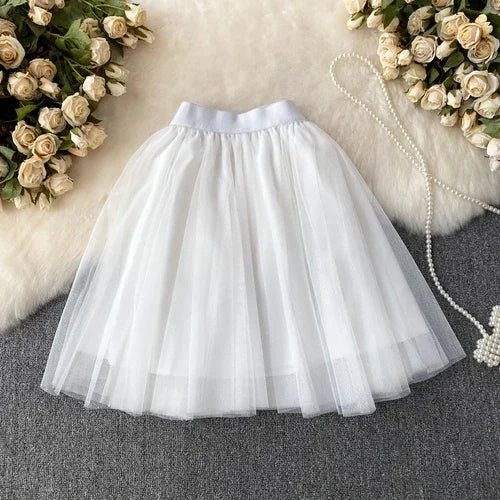 maoxiangshop Sweet Women Mini Skirt Mesh Solid Tierred Ruffles Elastic Waist Women's Clothing Almighty A-line Tulle Skirts Summer