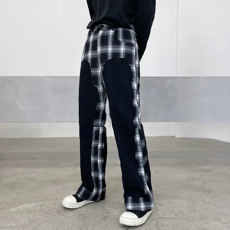 maoxiangshop 2024 Fashion Elegant Plaid Splicing Design Casual Pants Men's Trendy High Street Original Straight Tube Trousers