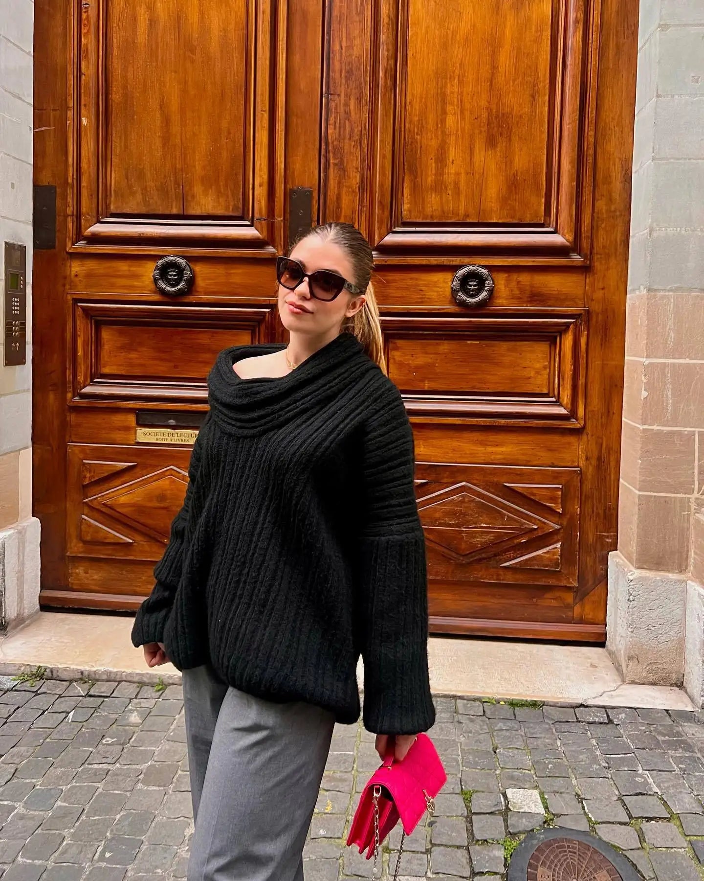 maoxiangshop - Elegant Oversize Knitted Thick Pullover Winter Fashion Slash Neck Full Sleeve Gray White Warm Women Sweater Streetwear