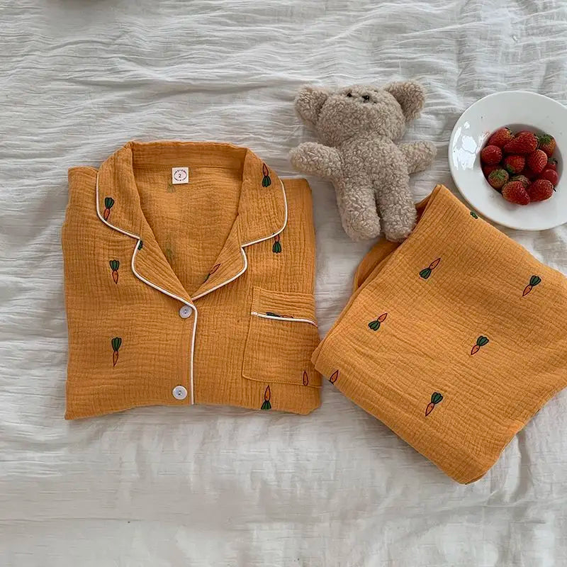 maoxiangshop - Cotton Double-layer Gauze Pajamas For Women's Fashion Cute Carrot Print Long Sleeve Tops + Pant Home Clothing Two-piece Set