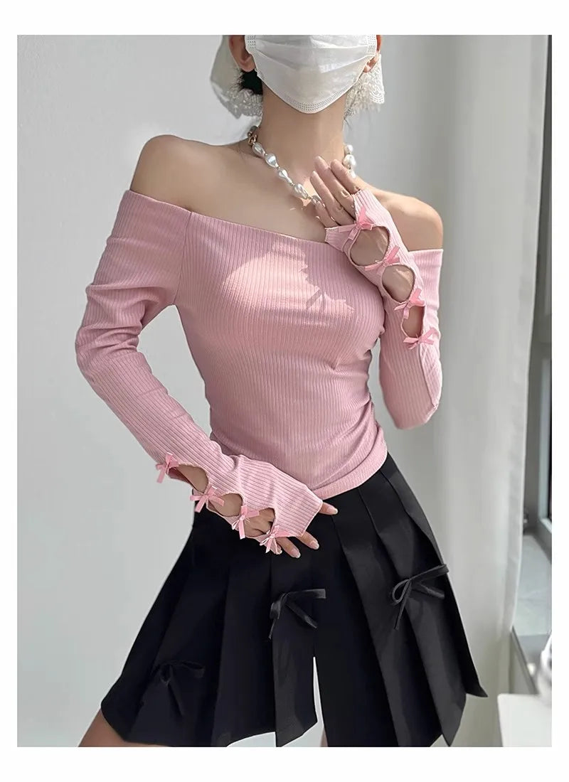 maoxiangshop - 2024 New Autumn Women Y2K T-Shirts Shoulder Streetwear Fairycore Hip Hop Tops Punk Casual Tees Female Clothes Leisure Fashion