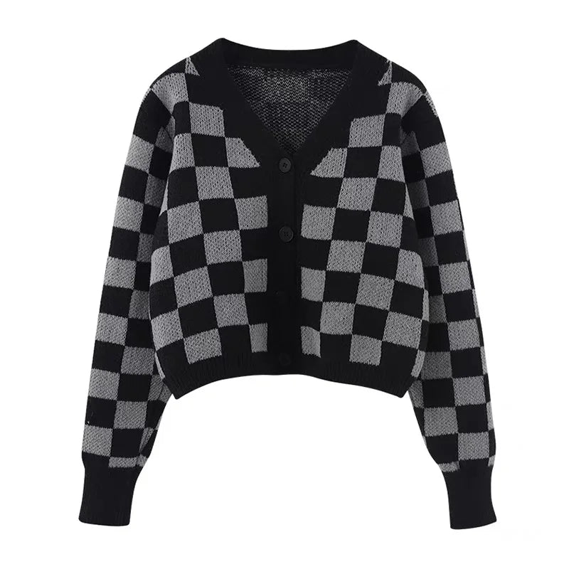 maoxiangshop Checkerboard Crop Cardigan V-neck Button Up Knitted Sweaters Women Autumn Winter Outfit