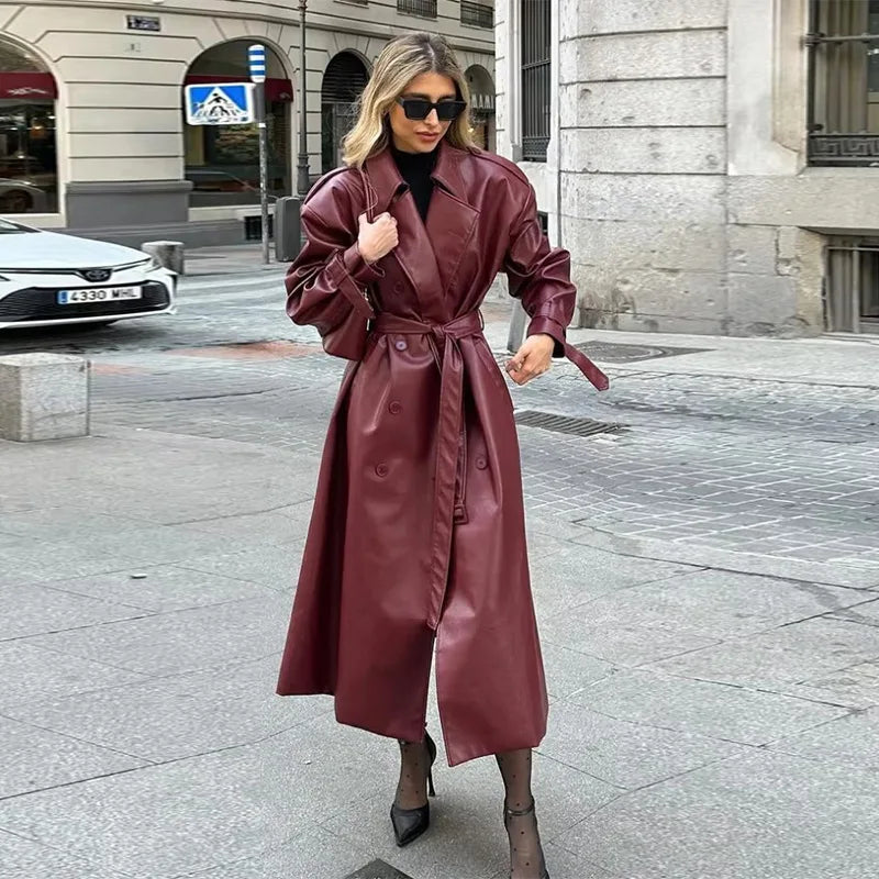 maoxiangshop - Fashion Retro Wine Red Long Women's Coat Turndown Collar Double Breasted Coats with Belt Vintage Windproof Winter Overcoat