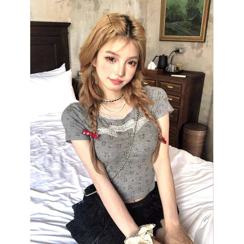 maoxiangshop - 2024 Coquette Unique Kawaii Cute Bow Bear Print Crop Lace T Shirt Women Summer Fashion Japanese Sweet Girls Fashion Cropped Tops