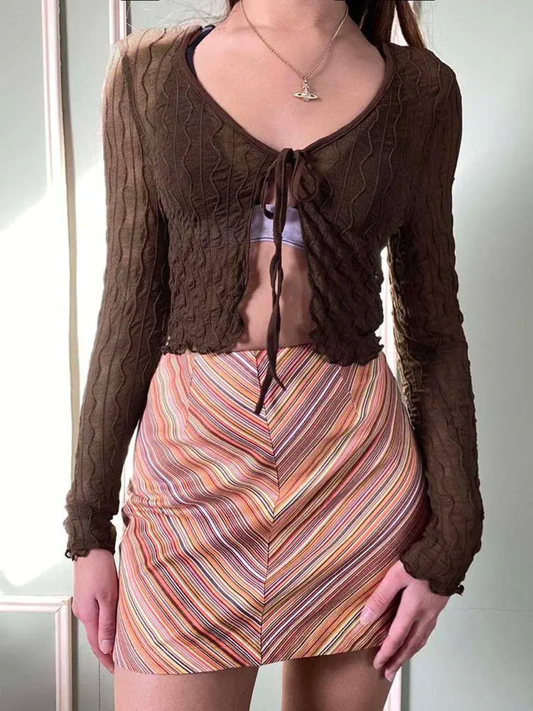 maoxiangshop - Brown Cardigan Shirts Women Long Sleeves Harajuku Fashion Tops Fron Lace-up Cute Tops Y2K Fairycore Retro Women's Shirts
