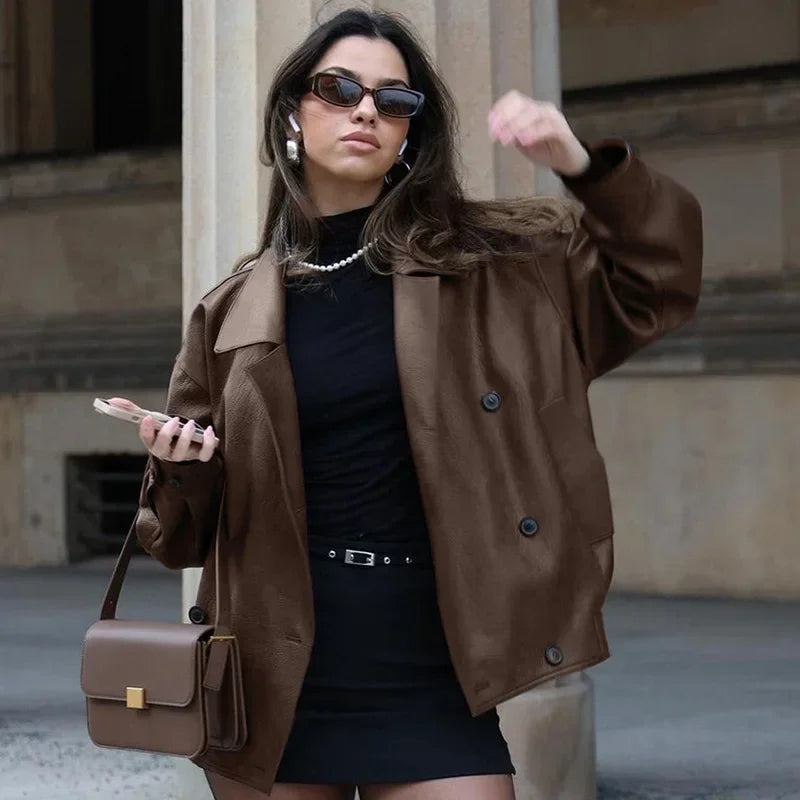 maoxiangshop - Elegant Leather Double Breasted Women Jackets Solid Brown Lapel Long Sleeves Coat Female 2024 Autumn Winter Street Outwears Lady