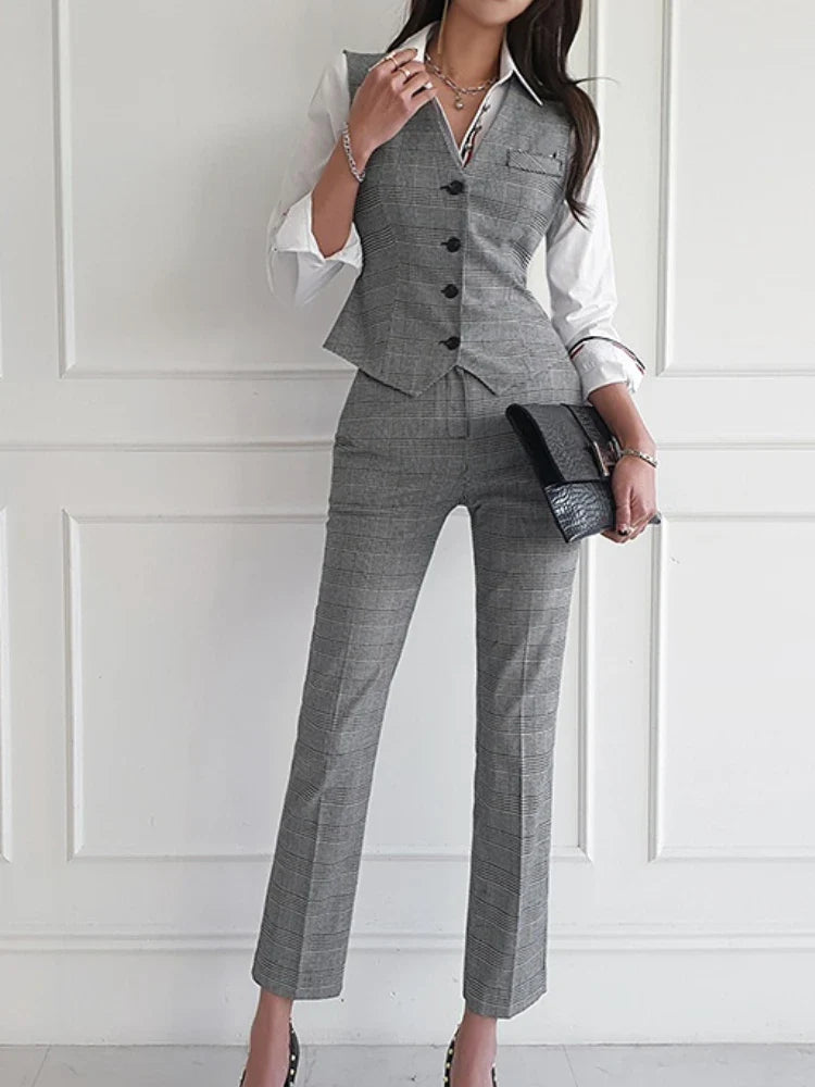 maoxiangshop Women Elegant Formal Business Blazer 3 Pieces Suit Office Work Plaid Jacket Vest Pantsuit Korean Fashion Female Vintage Outfits