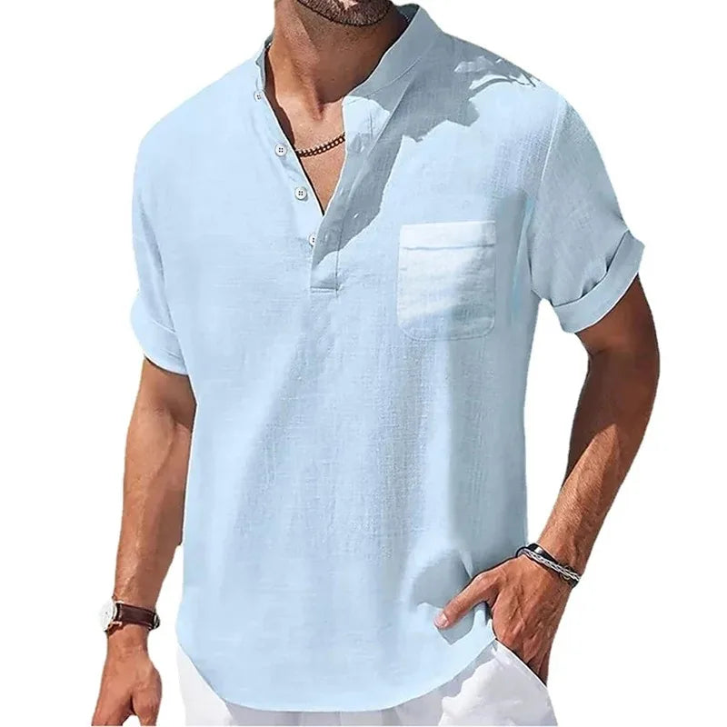 maoxiangshop New Men's Short Sleeve Breathable T-shirts Summer Solid Color Basic Pocket Shirts for Men Oversized Half Button Linen Streetwear