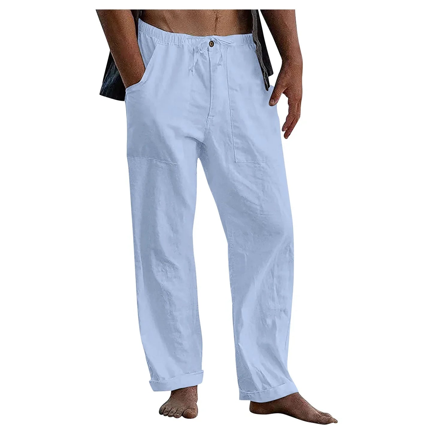 maoxiangshop New Men's Cotton Linen Pants Summer Solid Color Breathable Linen Trousers Summer elastic waist drawstring loose pants