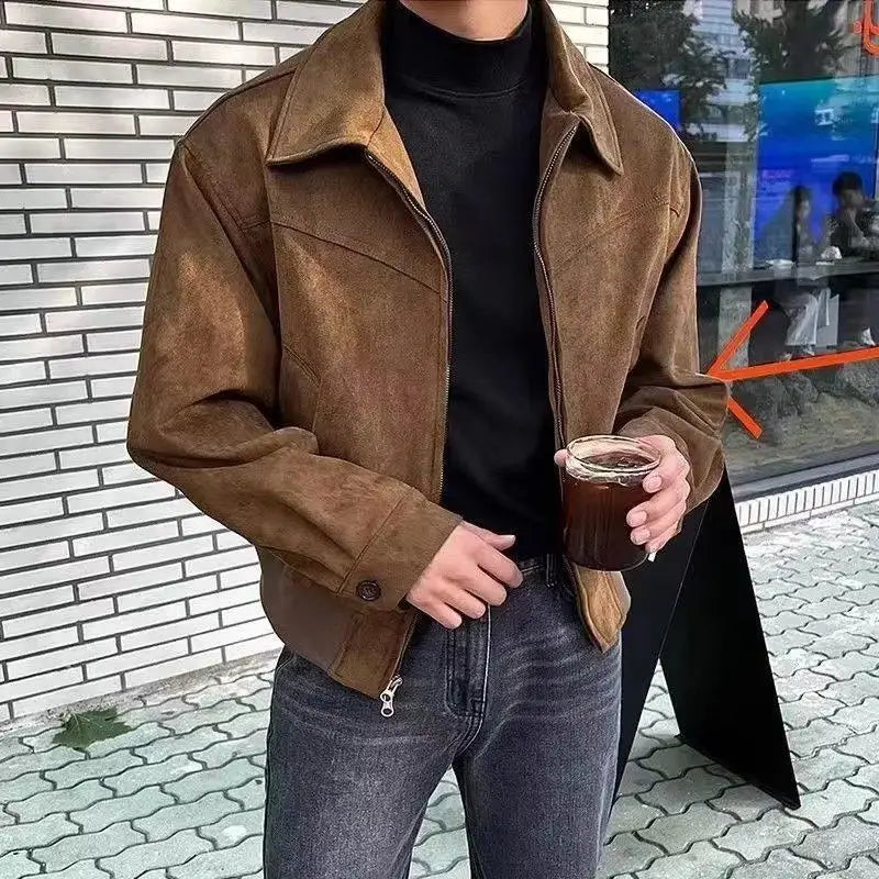 maoxiangshop Elegant Solid Brown Coat Men Spring Autumn High-End Loose Lapel New Zipper Short Jacket Vintage Streetwear Bomber Jacket